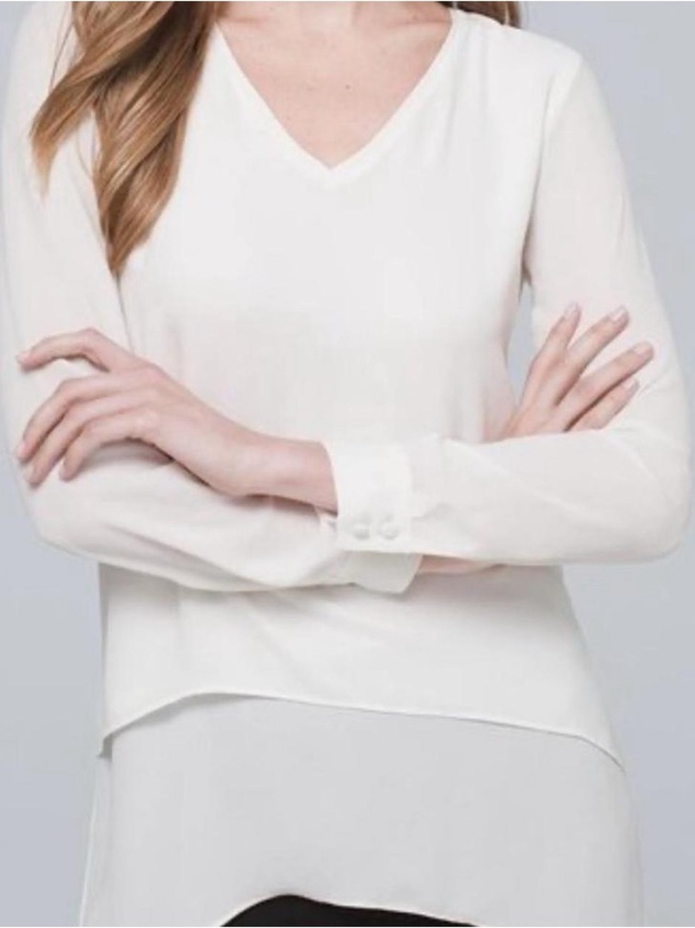 White House Black Market Cream V-Neck Layered Blouse